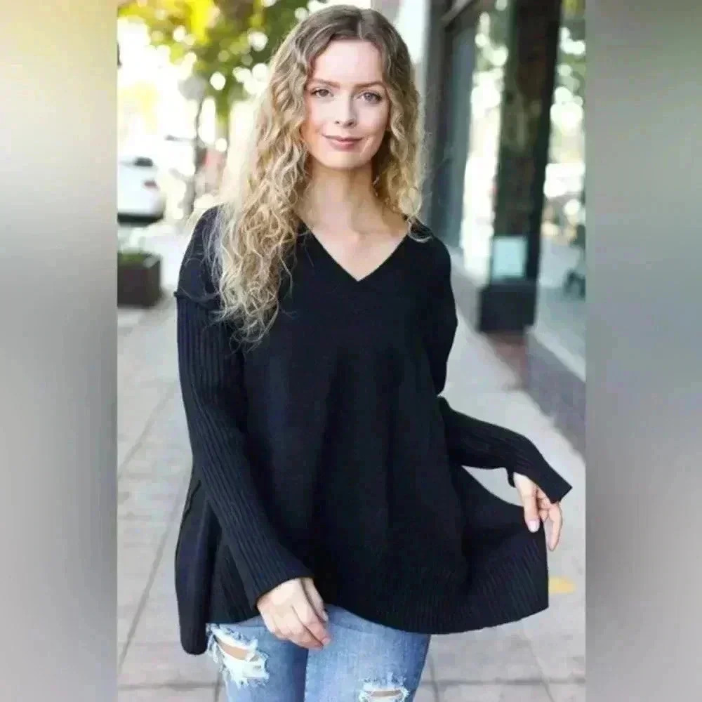 Casual Chic Black Oversized V Neck Rib Knit Sweater